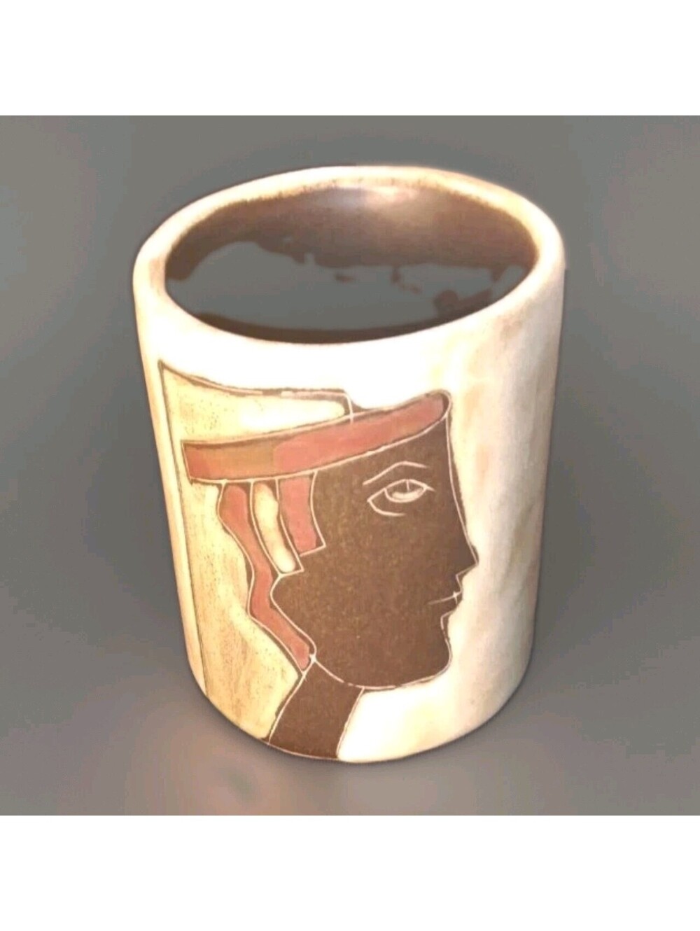 Vintage Mara Mexico Stoneware Coffee Mug Three Women Faces Art Pottery Signed